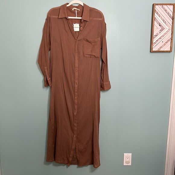 Free People My Soulmate Maxi Shirt Top Endless Summer Buttondown Cocoa NWT - Picture 3 of 12